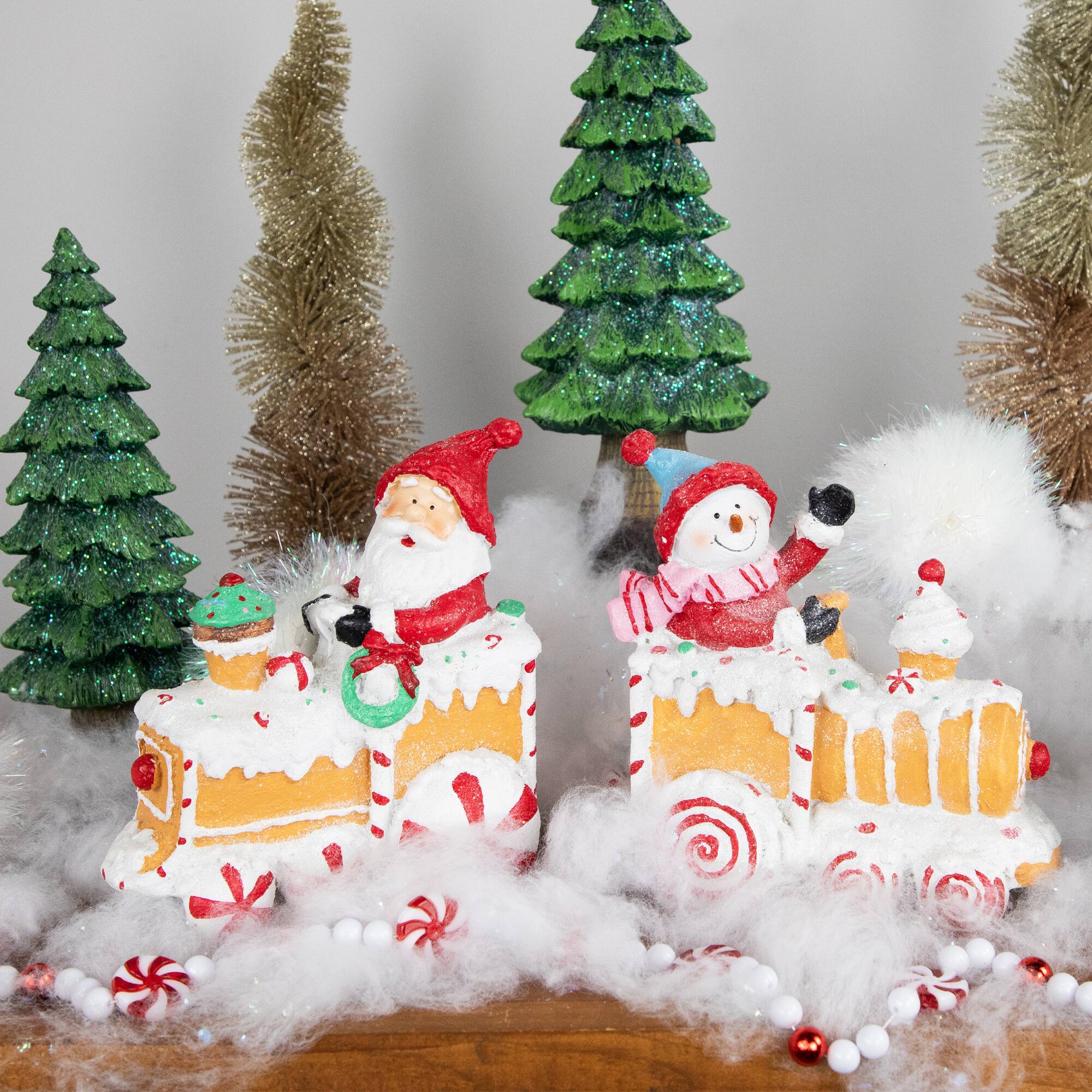 6.75" Santa & Snowman on Gingerbread Trains Christmas Figure Set